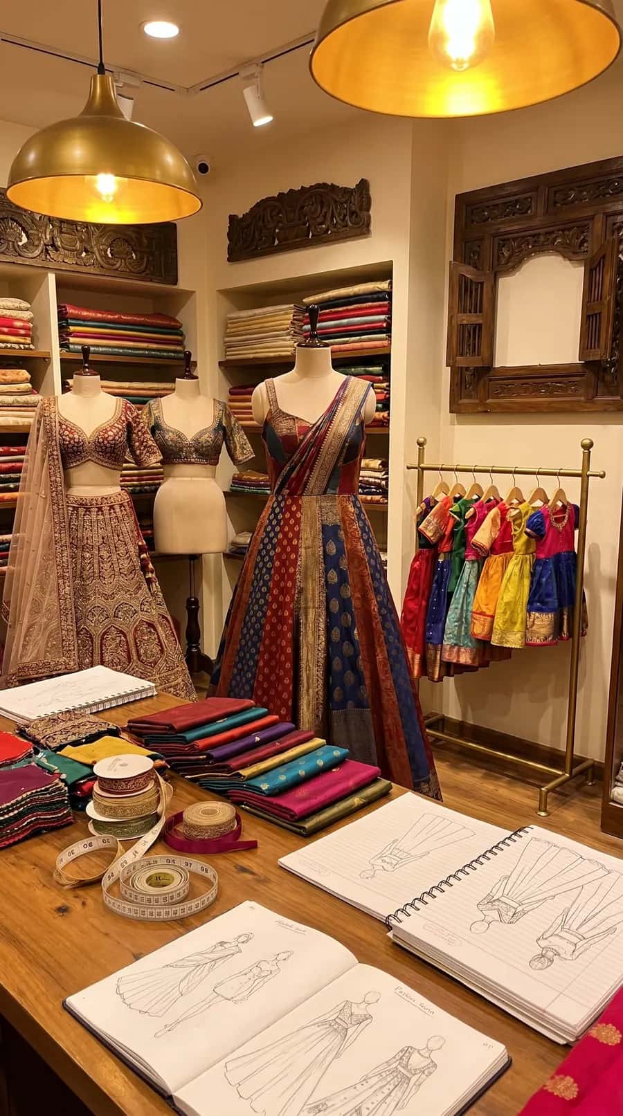 Designer boutique planning table with fabrics, sketches, blouses, lehengas, and kids wear