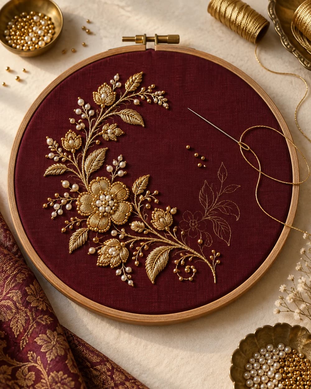 Design concept of gold floral aari embroidery and beads on wine silk in an embroidery frame