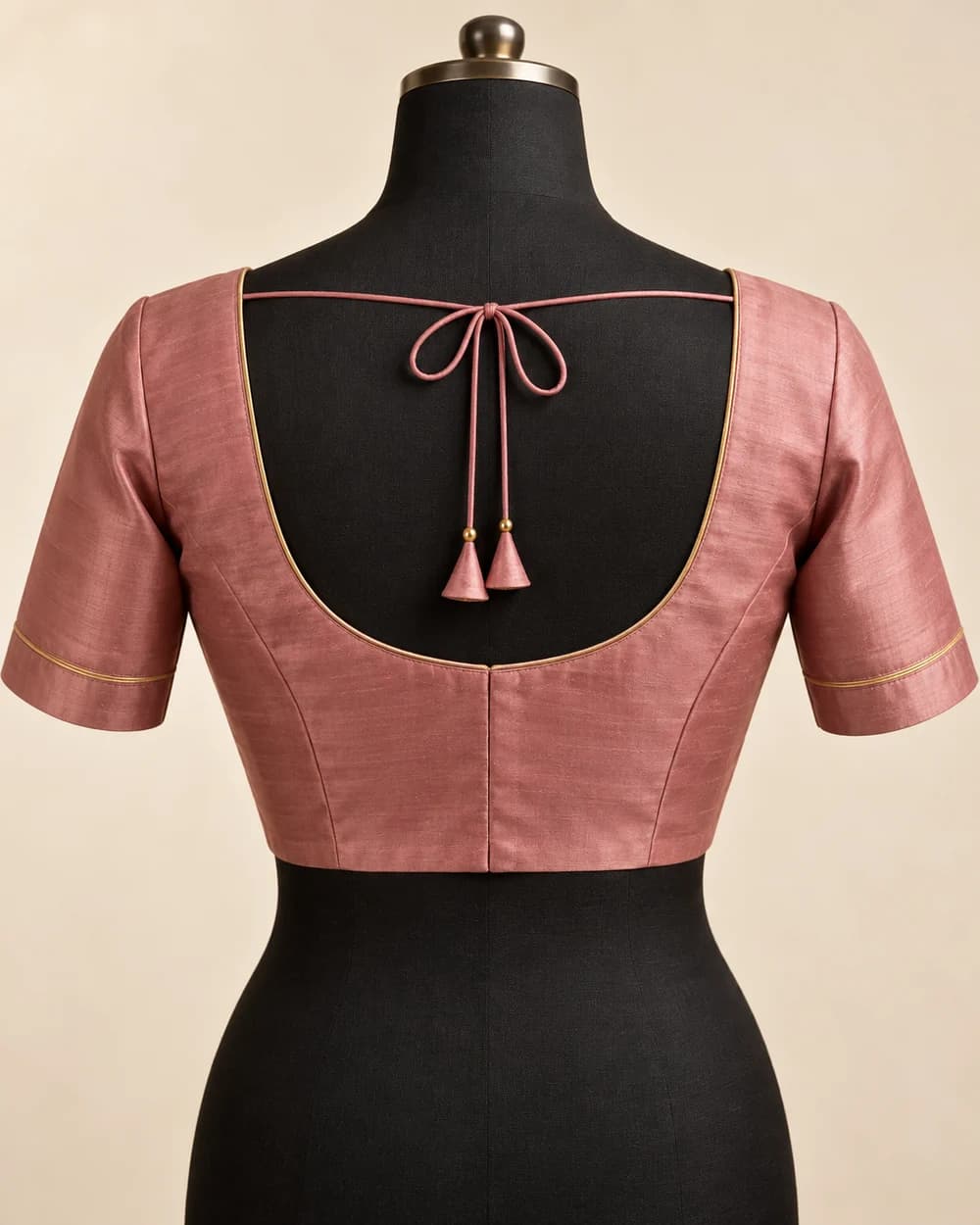 Design concept of a rose silk blouse with a tailored back and simple gold piping