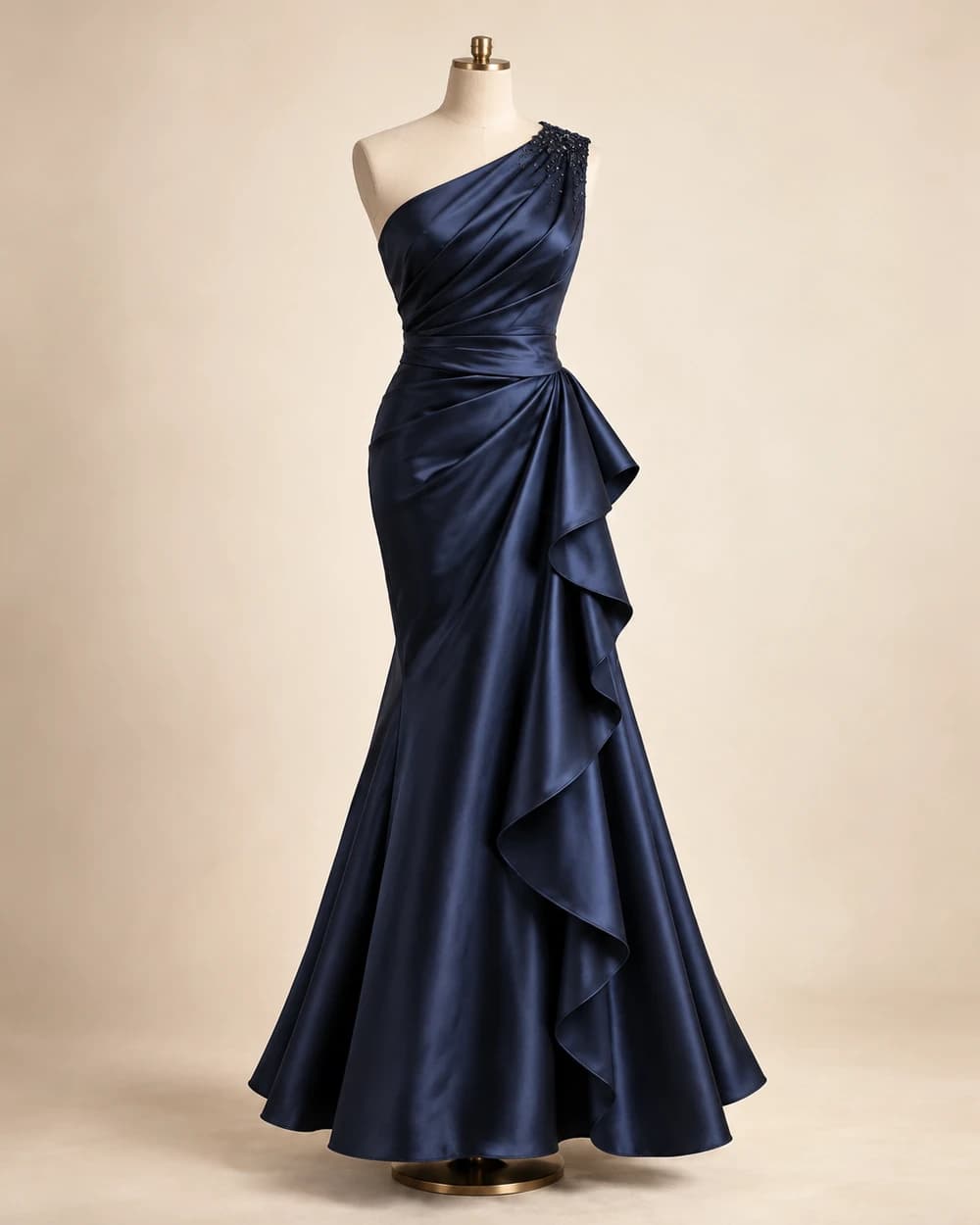 Design concept of a midnight-blue one-shoulder satin dress with a cascading ruffle on a dressmaker mannequin