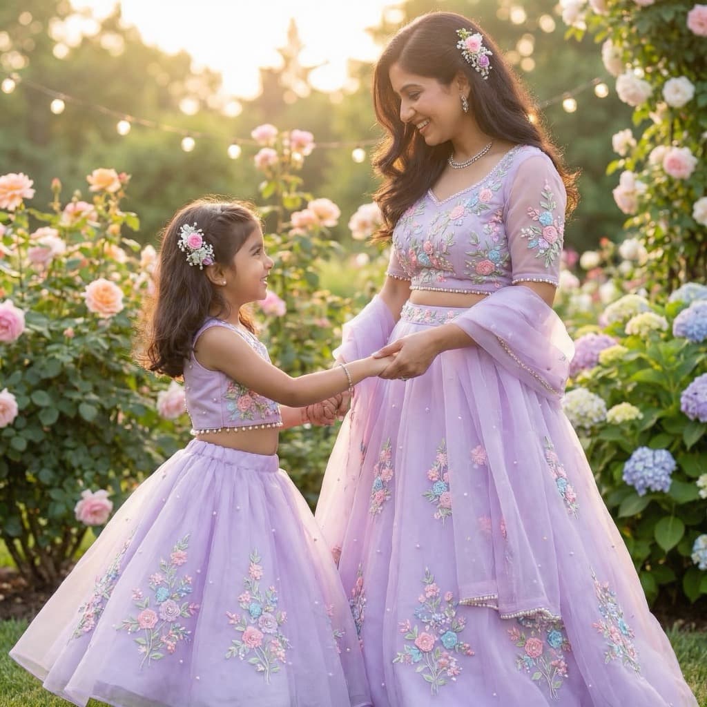 Mom and daughter matching soft lavender organza lehengas