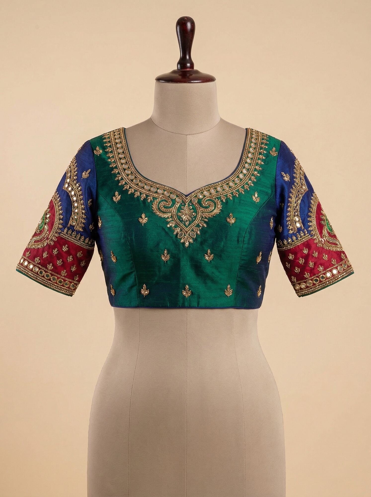 Designer blouse front neckline and sleeve embroidery