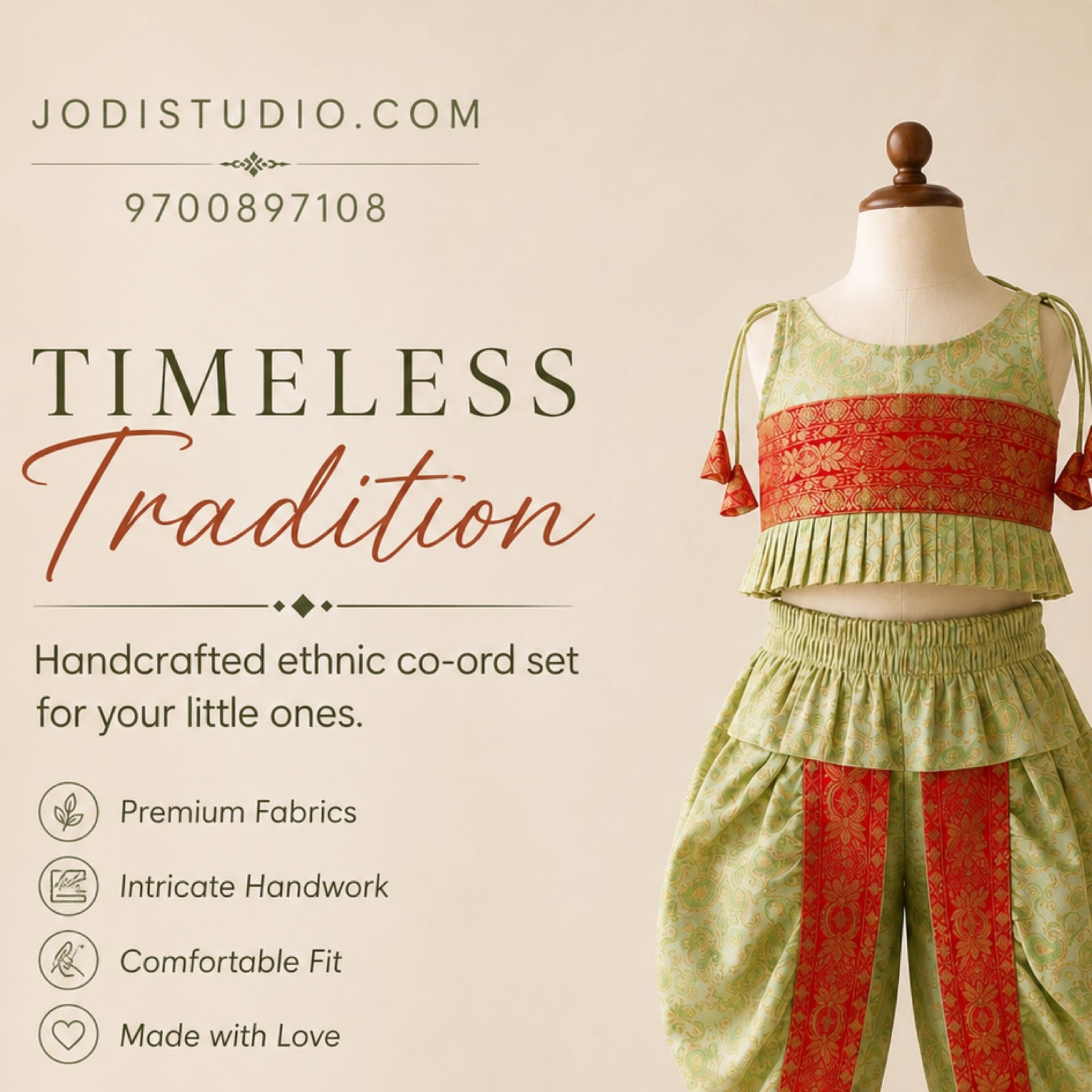 Jodi Studio designer boutique atelier with blouses, lehengas, kids wear, fabrics, and sketches